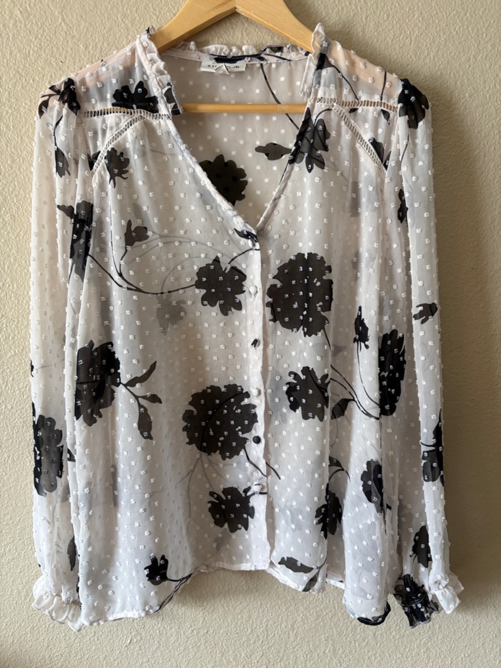 Romantic Swiss Dot Floral Blouse Sheer White Black Feminine Cottagecore Top L